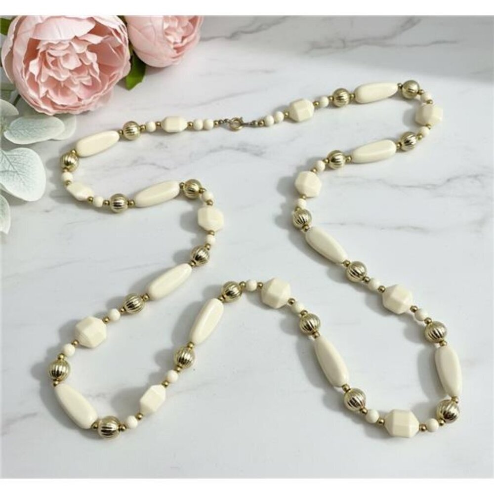 Vintage Lucite Necklace, Ivory Beads Gold Tone Accents, 36 In Mid Century